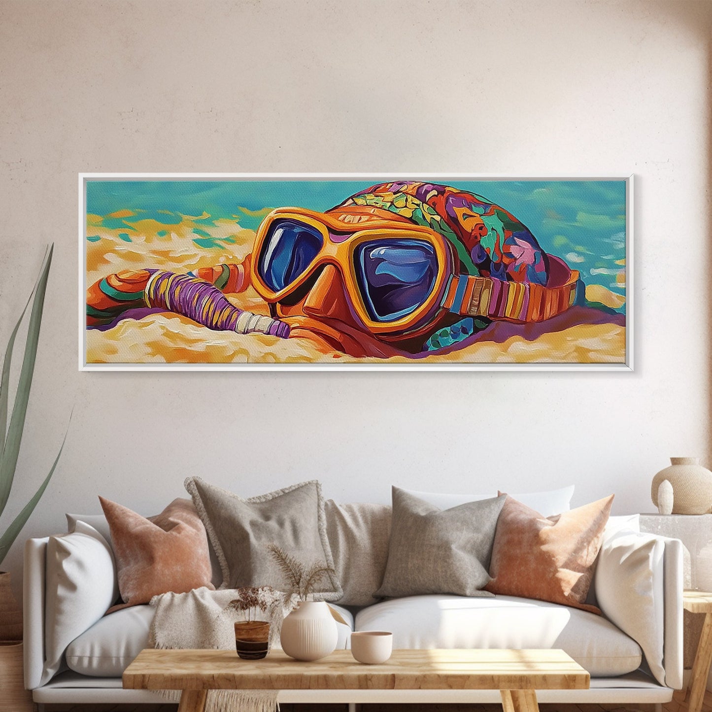 Snorkel Mask, Beach Fun, Vibrant Waves, Framed Canvas Print, Coastal Bathroom Wall Art, Bright Tropical Decor, Playful Ocean Art