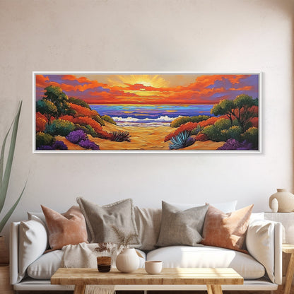 Autumn Sunset Path, Beach Trail Art, Vibrant Landscape, Framed Canvas Print, Fall Home Decor, Coastal Living Room Wall Art, Boho Art
