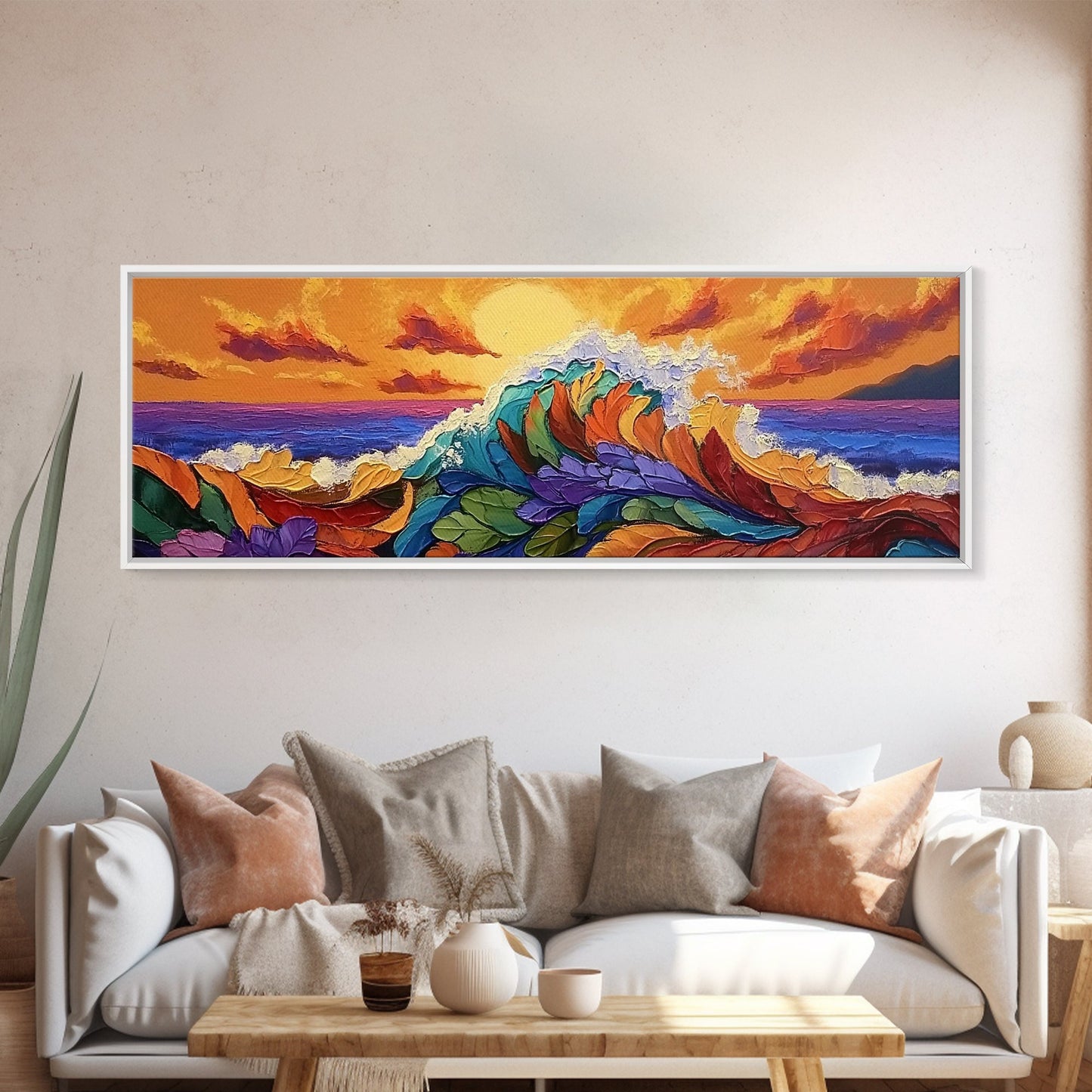 Floral Wave, Sunset Splash, Ocean Blooms, Whimsical Shore, Canvas Print, Bathroom Wall Art, Boho Coastal Decor, Vibrant Texture Art