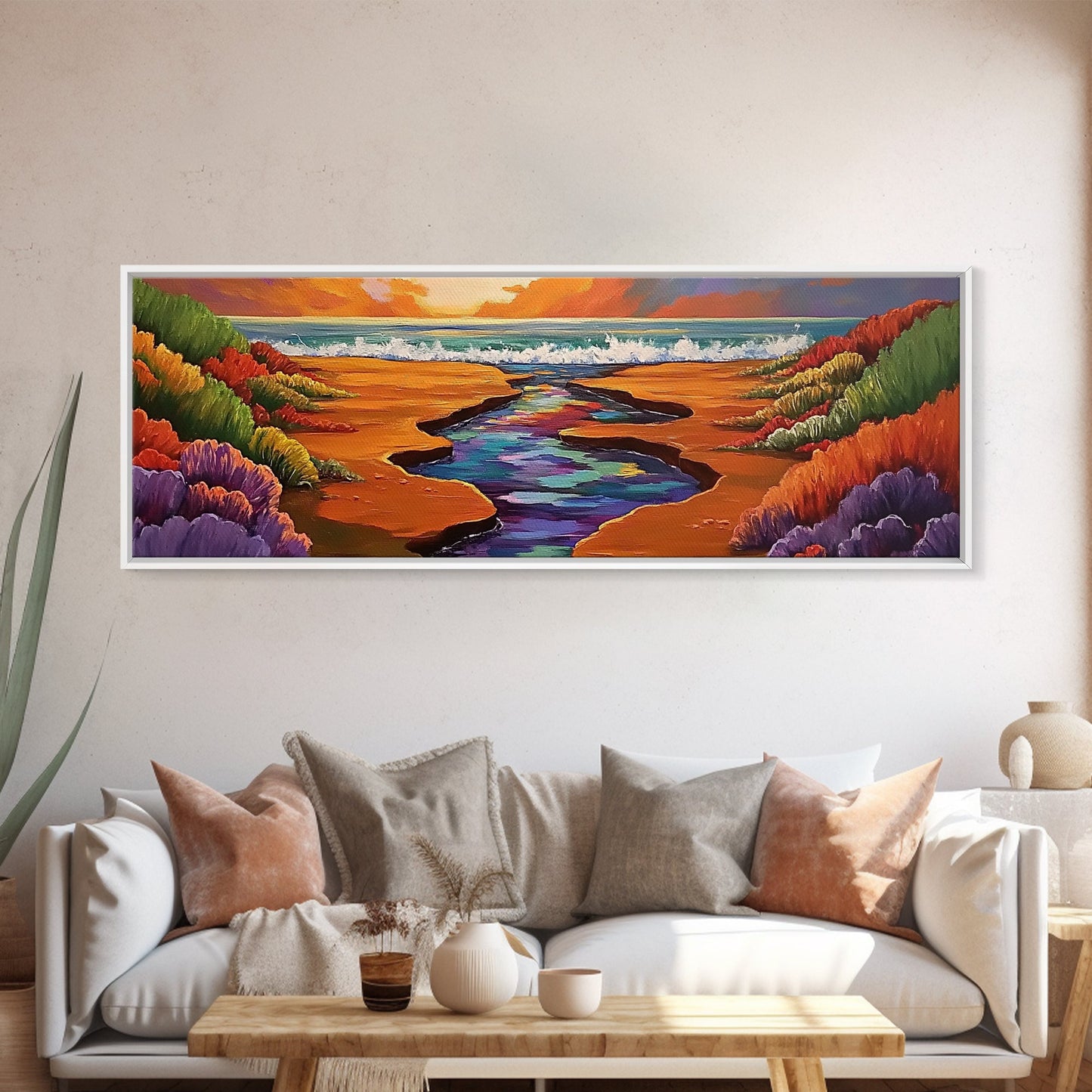 Sunset Stream, Coastal Canyon, Colorful Shoreline, Boho Nature Scene, Framed Canvas Print, Hallway Wall Art, Autumn Inspired Landscape
