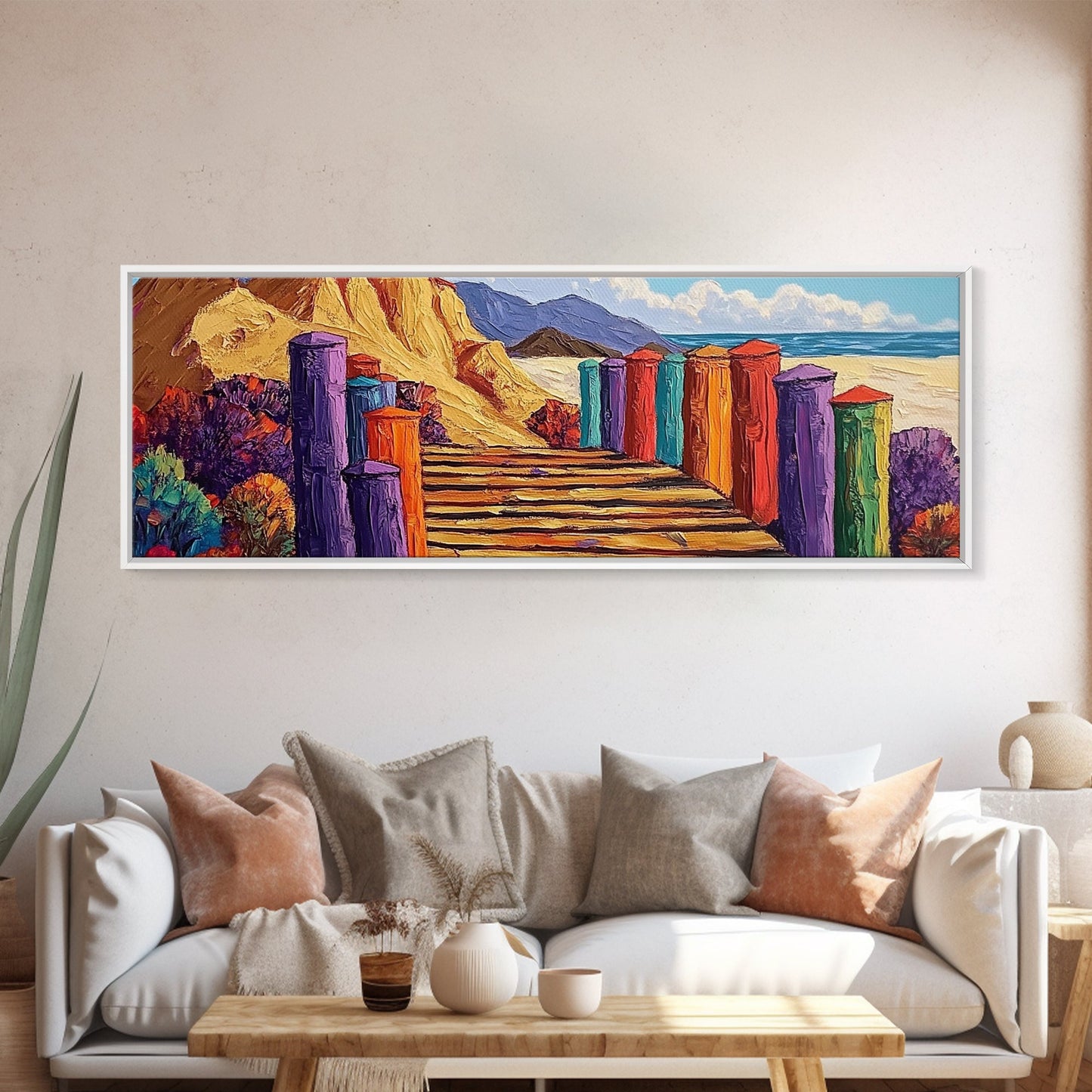 Colorful Cabins, Beach Path, Coastal Walkway, Vibrant Landscape, Canvas Print, Entryway Wall Art, Beach House Art, Bold Palette Decor