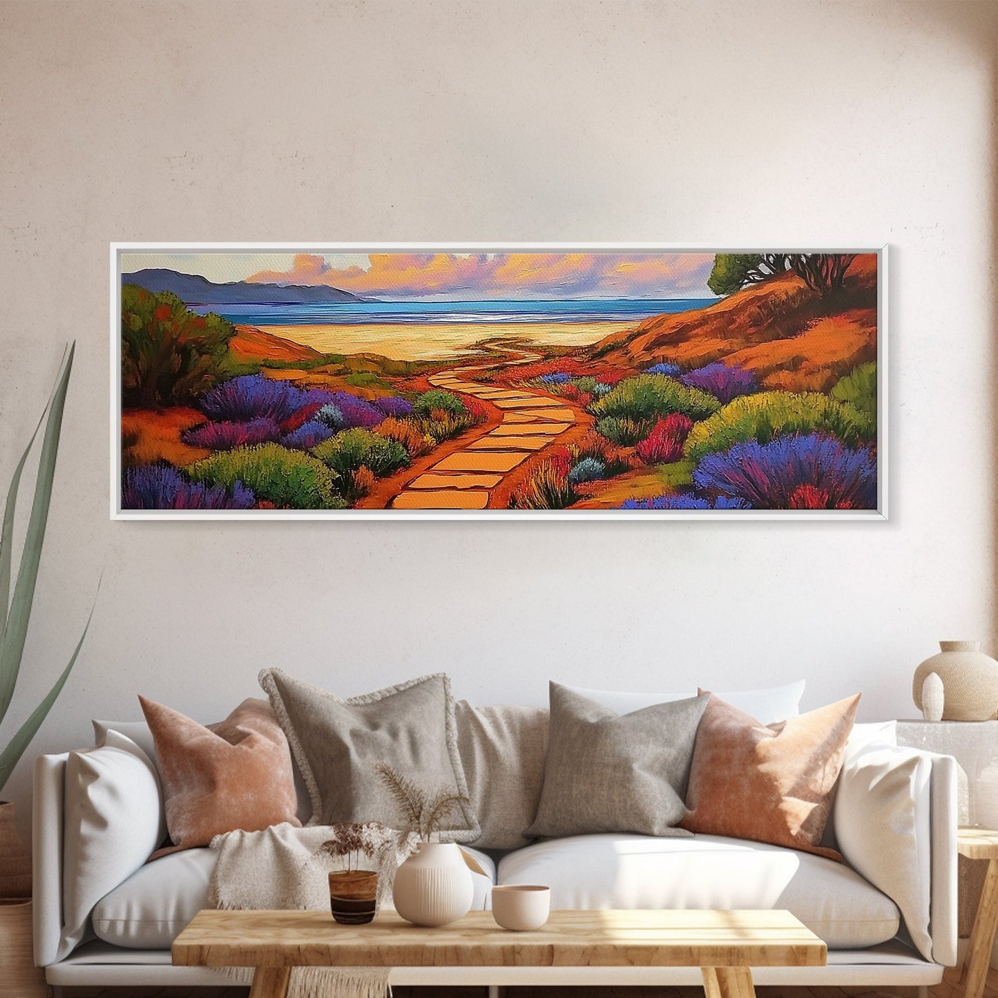 Ocean Pathway, Coastal Garden, Beach Vibes, Framed Canvas Print, Tropical Wall Art, Seaside Landscape, Boho Living Room Decor