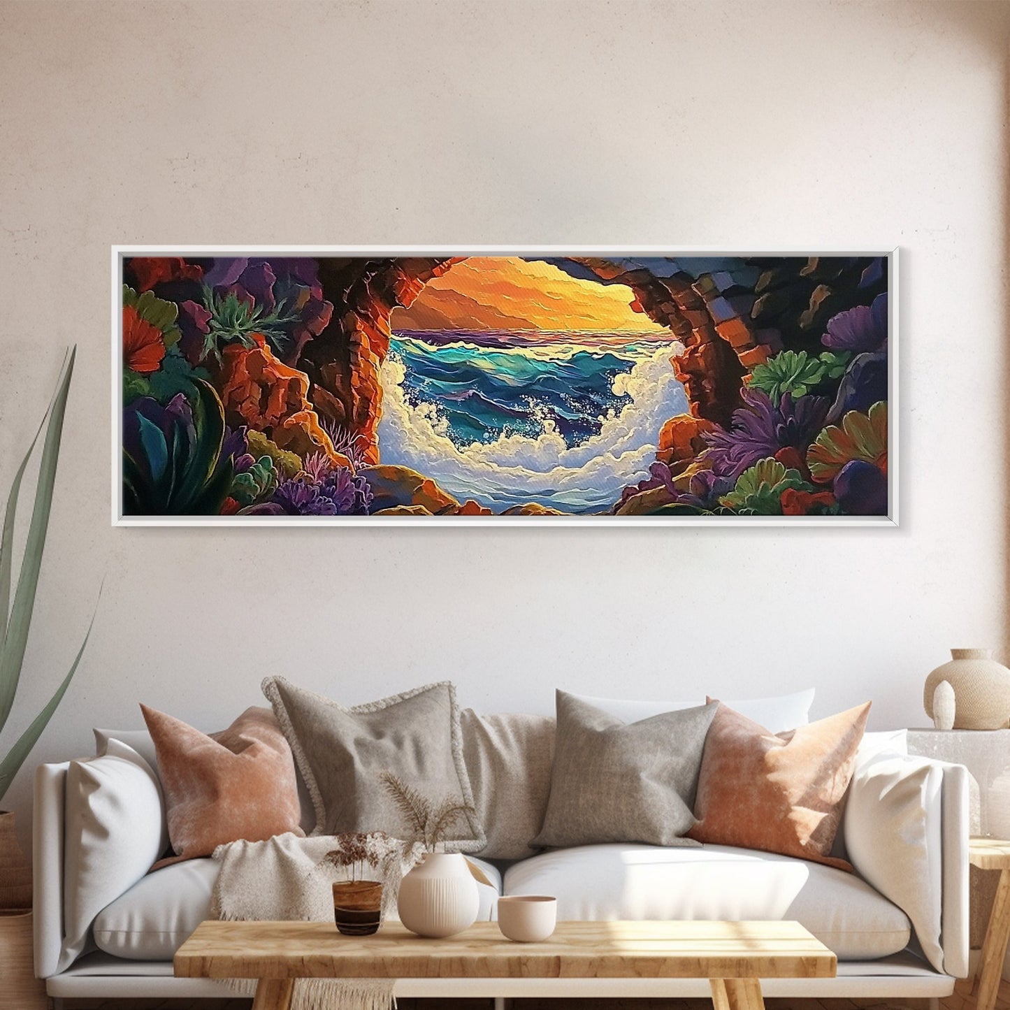 Ocean Cave View, Sunset Waves, Coastal Decor, Tropical Art, Framed Canvas Print, Beach House Wall Art, Vibrant Seascape, Boho Style