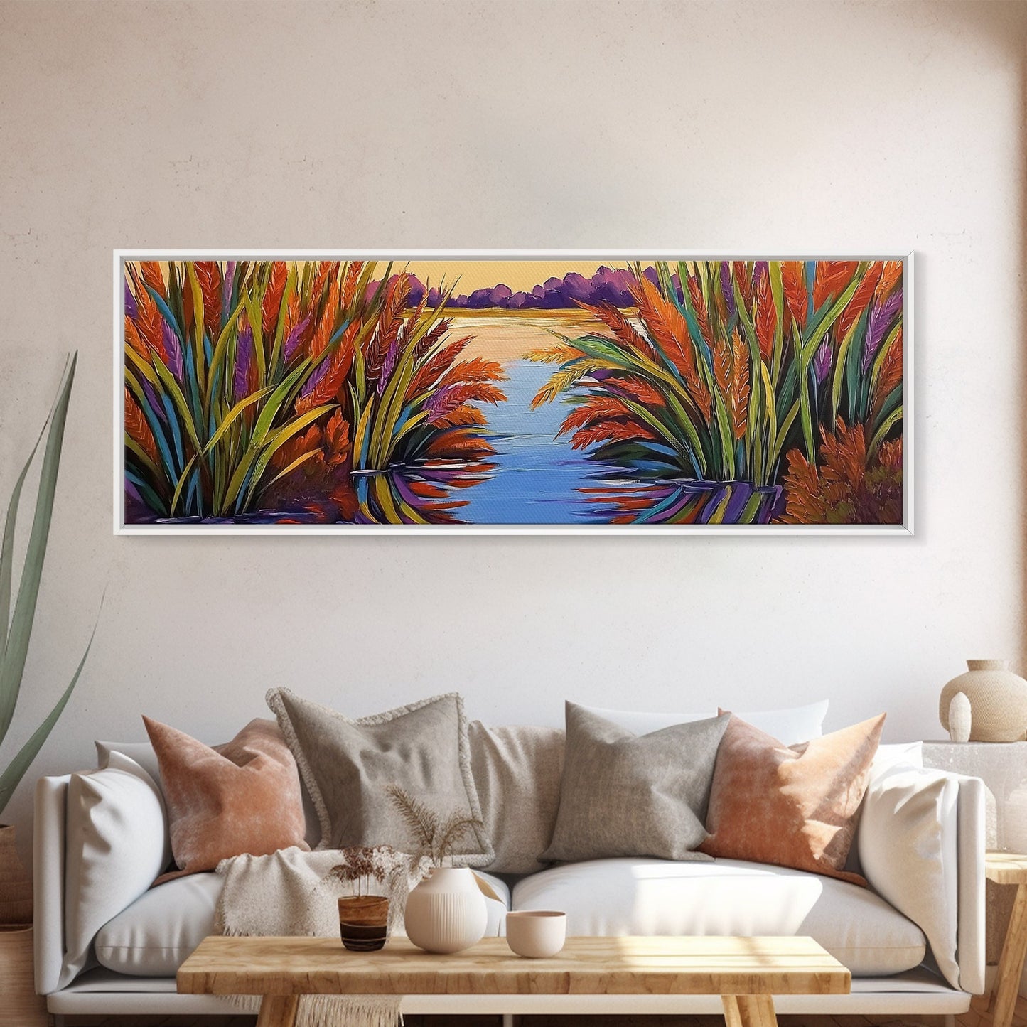 Sunset Reeds, Colorful Marsh, Reflected Peace, Framed Canvas Print, Autumn Wall Art, Living Room Decor, Vibrant Nature Landscape