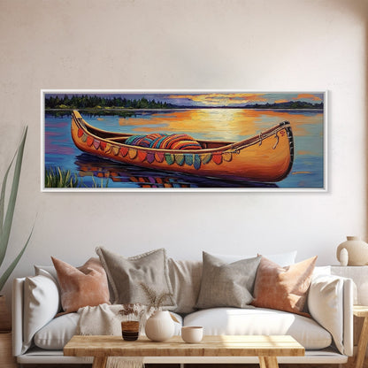 Sunset Canoe Reflection, Serene Lake Art, Cozy Lakeside Decor, Framed Canvas Print, Cabin Wall Art, Peaceful Nature Scene