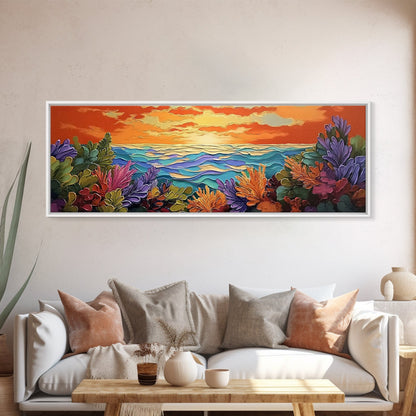 Sunset Ocean, Sea Plants, Tropical Sunset, Bold Colors, Framed Canvas Print, Bathroom Wall Art, Boho Vibes, Coastal Decor