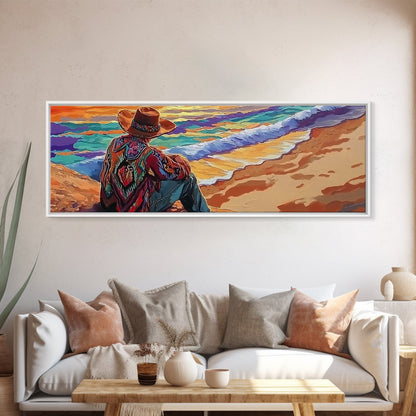 Coastal Cowboy, Ocean View, Serene Sunset, Western Art, Canvas Print, Living Room Wall Art, Southwestern Vibes, Beach Cowboy Scene