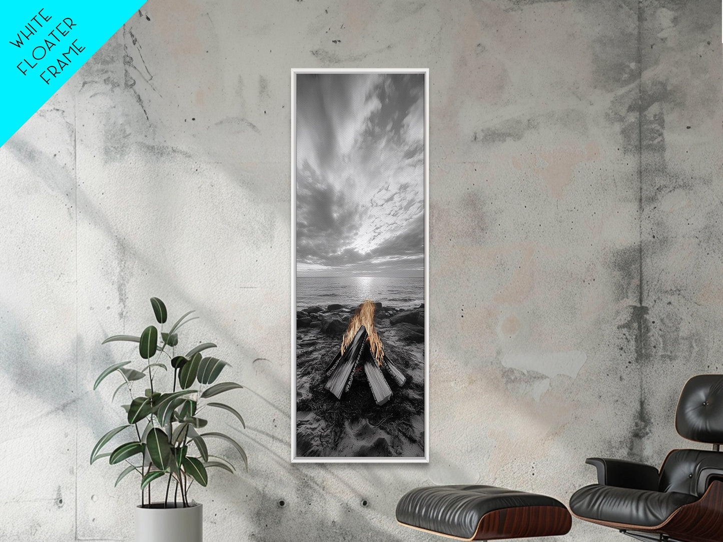 Beach Bonfire Glow, Coastal Campfire Art, Sunset Ocean Scene, Framed Canvas Print, Autumn Decor, Rustic Living Room Wall Art