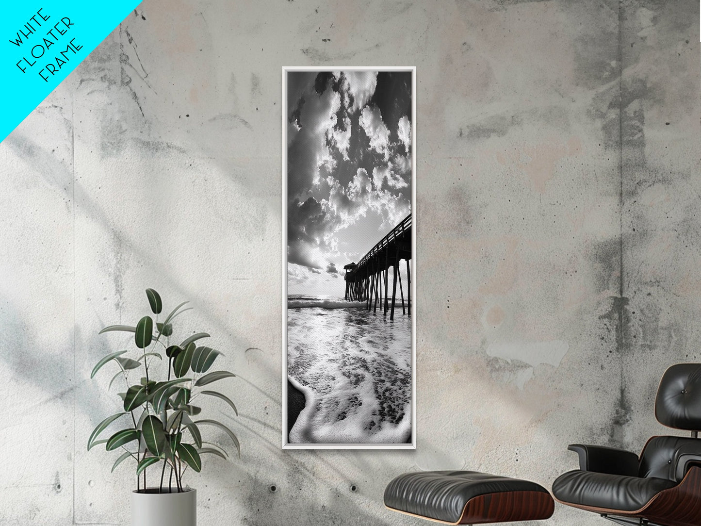 Pier at Sunrise, Ocean Horizon Print, Seascape Photography, Framed Canvas Print, Coastal Bathroom Wall Art, Nautical Theme Decor