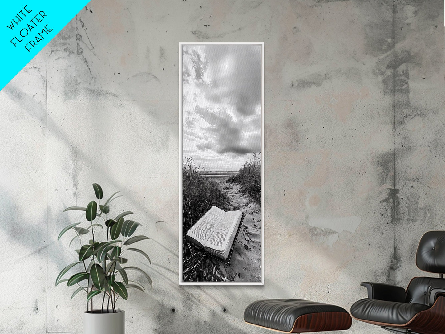 Bible on Beach, Spiritual Escape, Coastal Tranquility, Nature Meditation, Canvas Print, Faith Wall Art, Office Decor, Minimalist Art