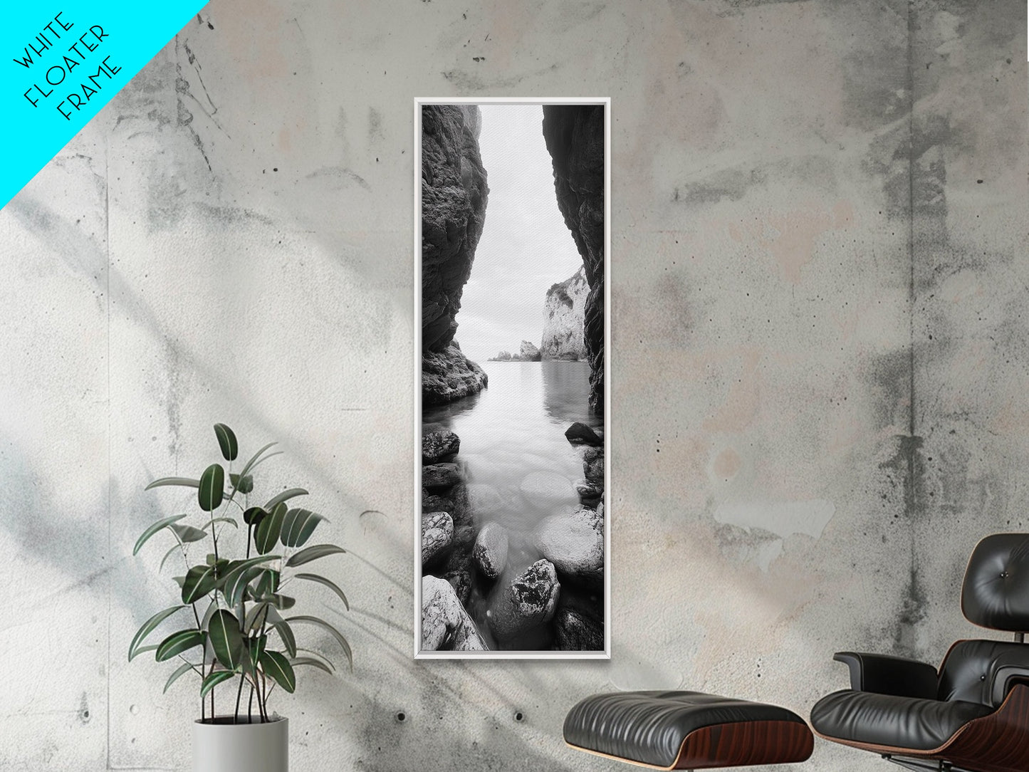 Cliff View, Hidden Bay, Ocean Serenity, Rock Formations, Canvas Print, Black and White Coastal Landscape, Entryway Art, Dining Wall Art