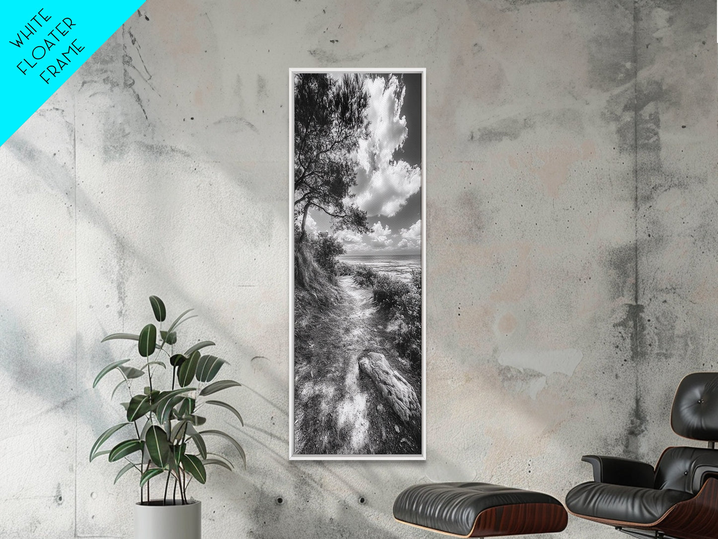 Coastal Nature Trail, Ocean Path View, Tranquil Landscape, Framed Canvas Print, Beach House Art, Bathroom Wall Art, Game Room Wall Art