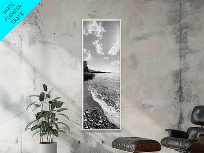 Coastal Shoreline, Pebble Beach, Ocean Breeze, Canvas Print, Bathroom Wall Art, Minimalist Decor, Black White Photography, Seaside Vibe