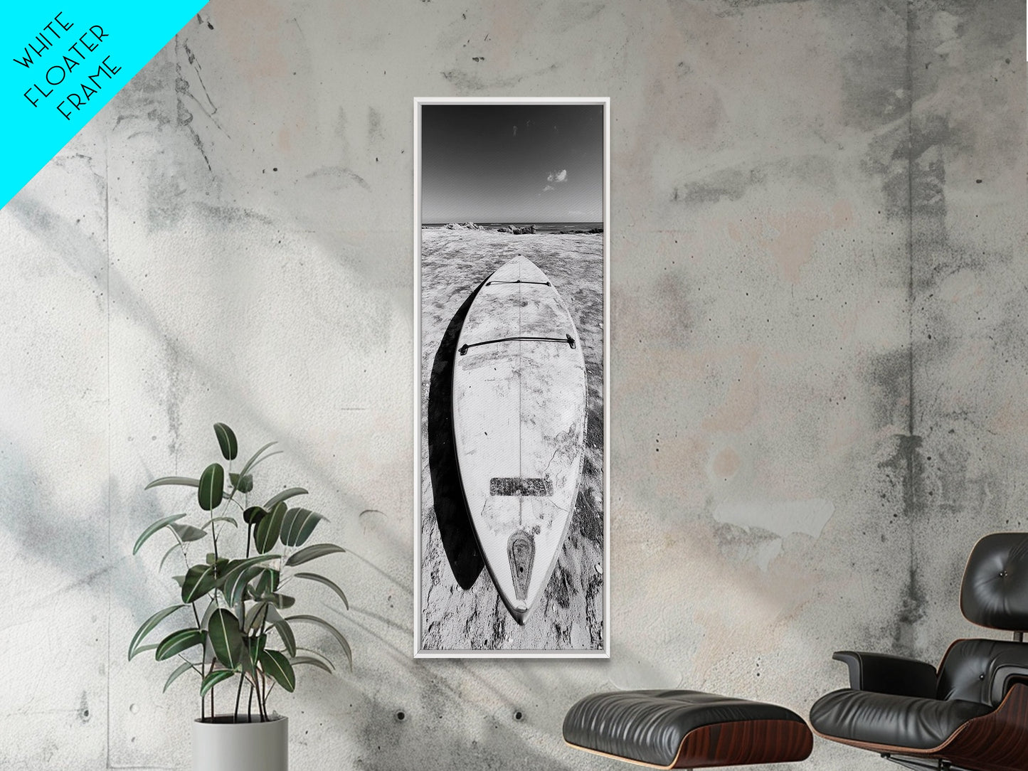 Surfboard On Shore, Beach Lifestyle Decor, Minimal Seascape, Framed Canvas Print, Nautical Bathroom Wall Art, Modern Coastal Vibe
