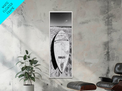 Surfboard On Shore, Beach Lifestyle Decor, Minimal Seascape, Framed Canvas Print, Nautical Bathroom Wall Art, Modern Coastal Vibe