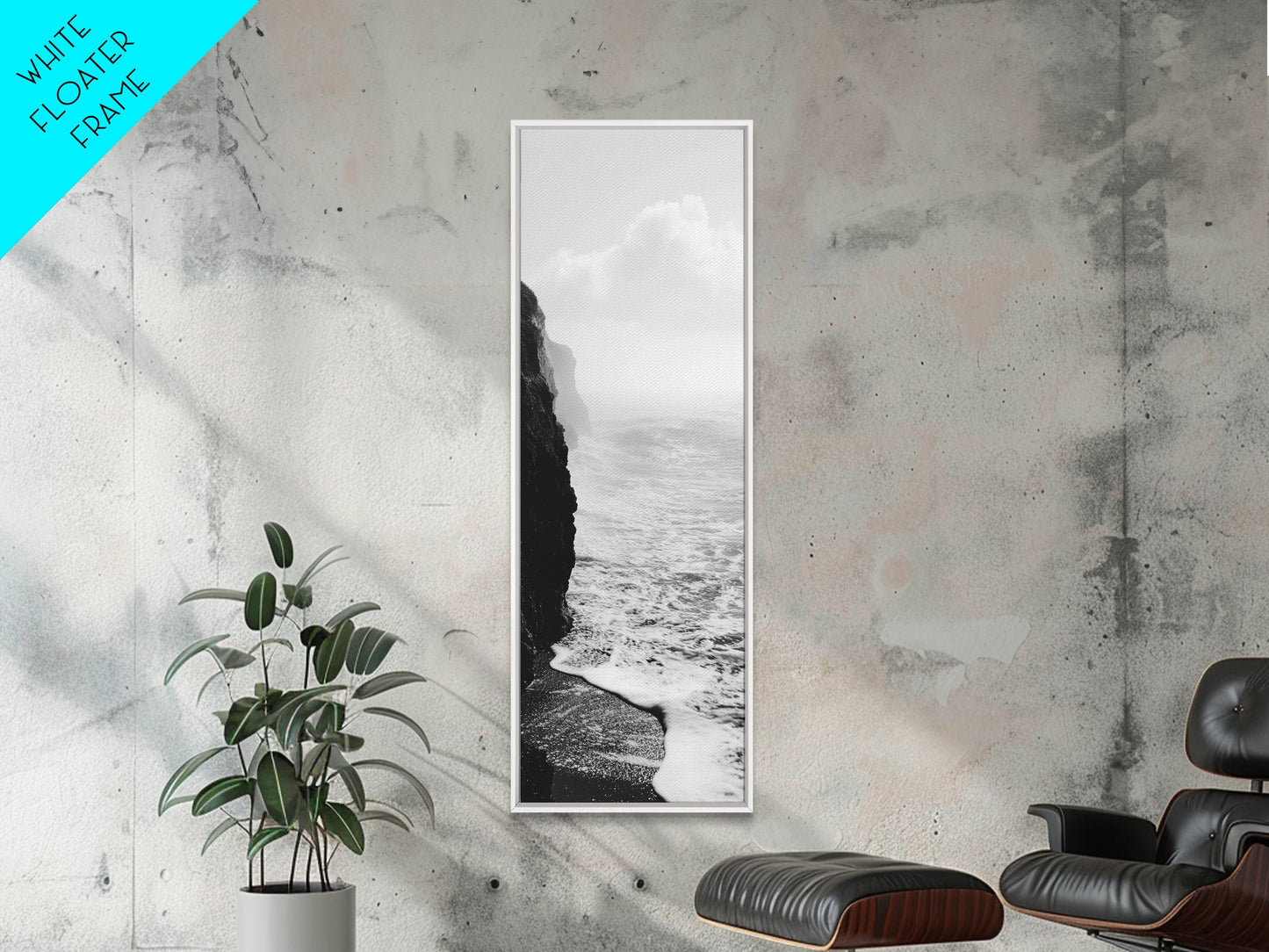 Coastal Cliff, Ocean Waves, Monochrome Seascape, Framed Canvas Print, Minimalist Ocean Art, Bathroom Decor, Nautical Wall Art