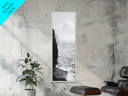 Coastal Cliff, Ocean Waves, Monochrome Seascape, Framed Canvas Print, Minimalist Ocean Art, Bathroom Decor, Nautical Wall Art