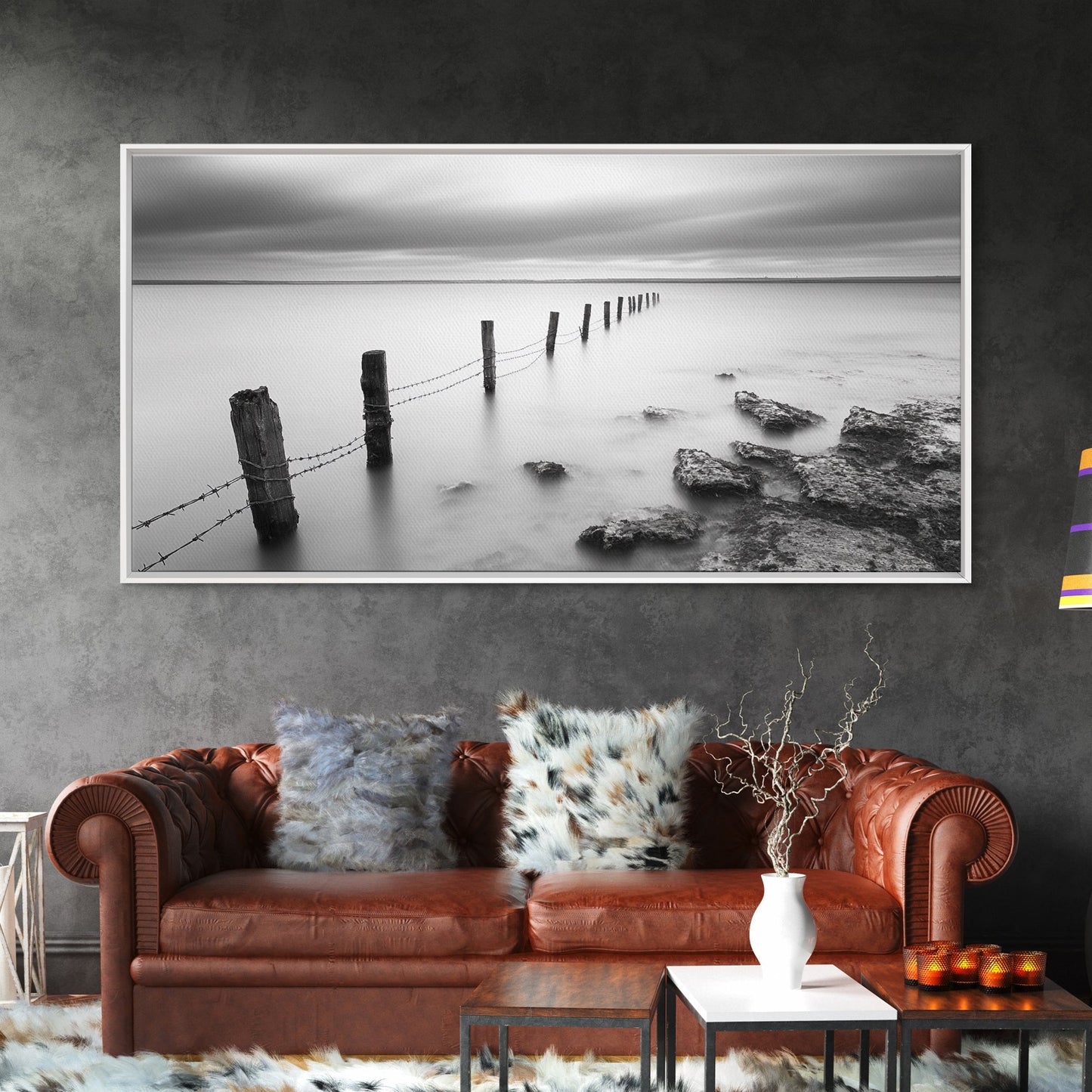 Coastal Fence Line, Tranquil Ocean Scene, Soft Minimalist Photo, Framed Canvas Print, Bathroom or Hallway Wall Art, Zen Vibes