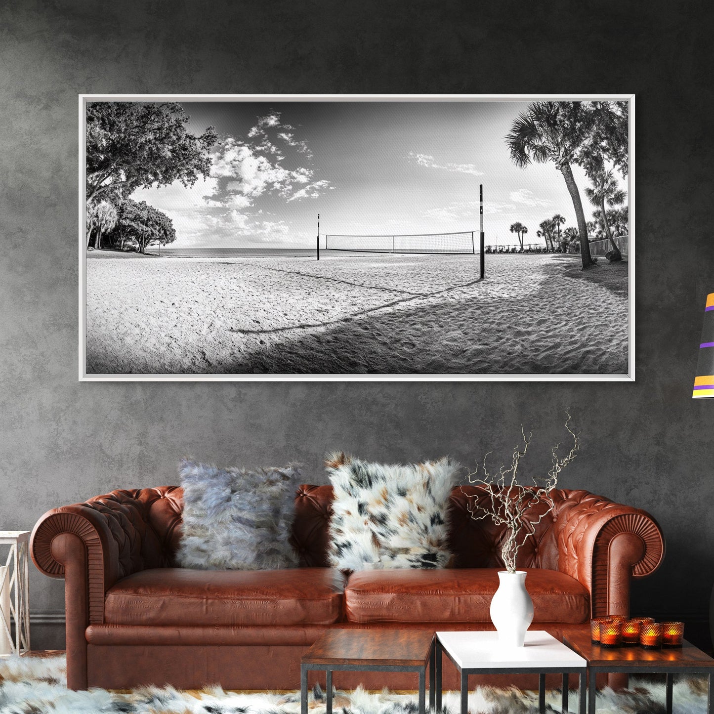 Volleyball Net, Coastal Leisure Scene, Bright Beach Vibe, Framed Canvas Print, Game Room Wall Art, Sporty Summer Beach Style