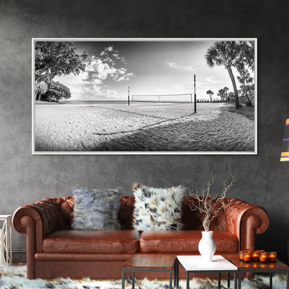 Volleyball Net, Coastal Leisure Scene, Bright Beach Vibe, Framed Canvas Print, Game Room Wall Art, Sporty Summer Beach Style