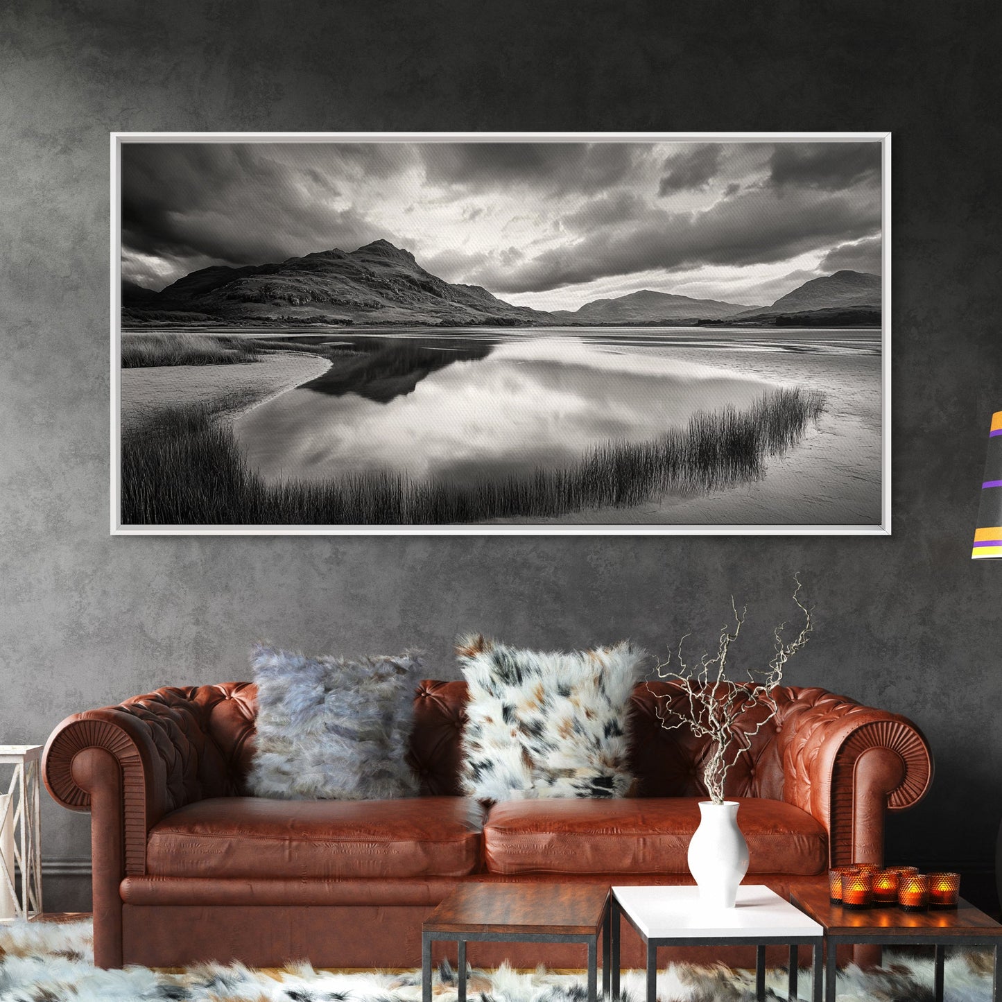 Reflected Mountains, Serene Shore, Cloudy Sky, Lake View, Canvas Print, Bedroom Wall Art, Minimalist Landscape Art, Tranquil Decor