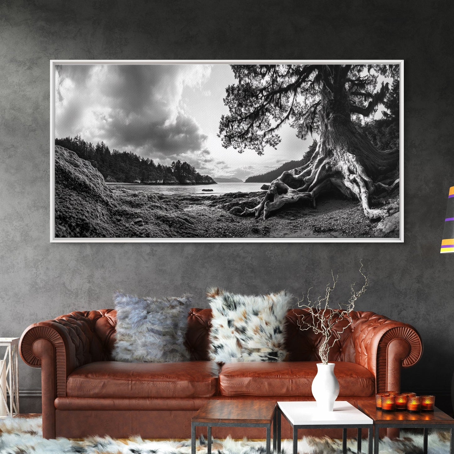 Coastal Tree Roots, Ancient Forest Shore, Pacific Northwest Nature, Moody Black and White Canvas Print, Cabin Wall Art, Woodland Style