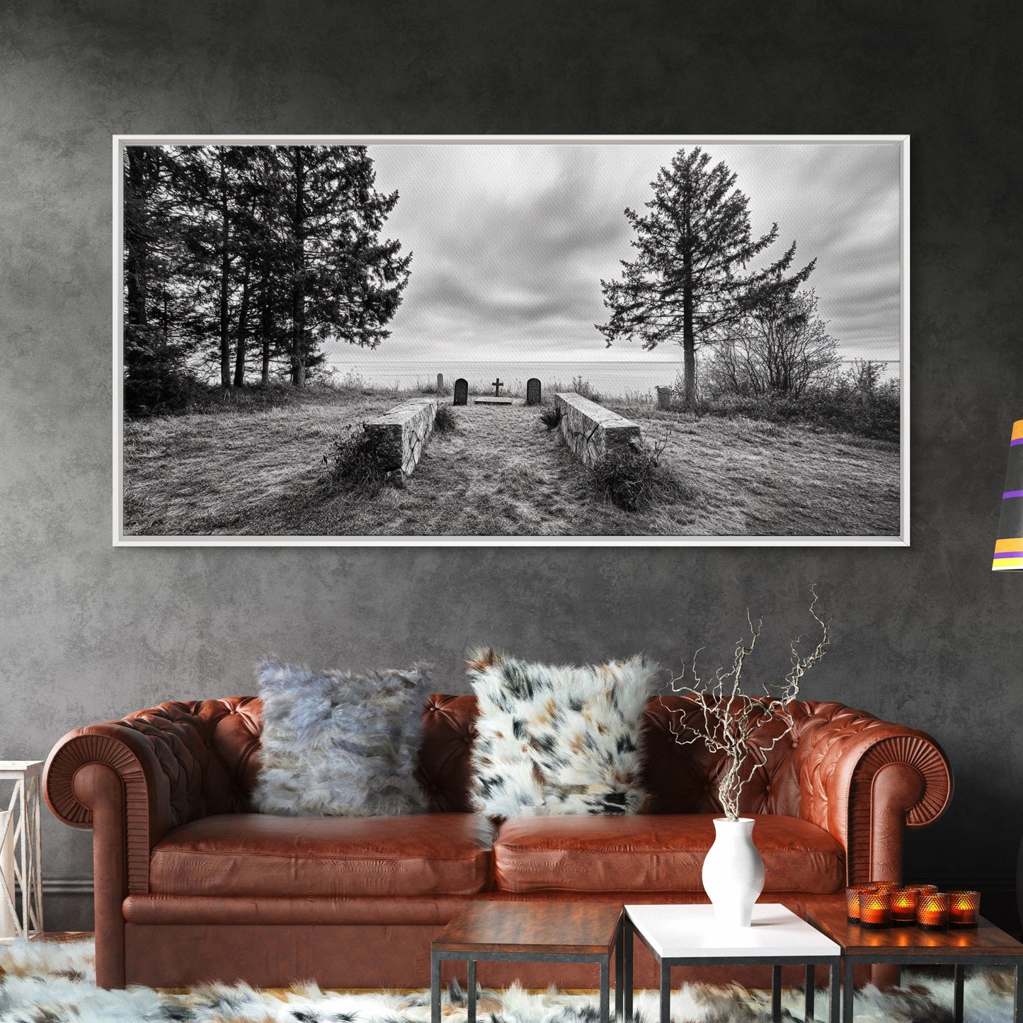 Coastal Graveyard, Moody Seascape, Quiet Reflection Scene, Framed Canvas Print, Gothic Office or Haunted Fall Wall Art Decor, Hallway Wall Art