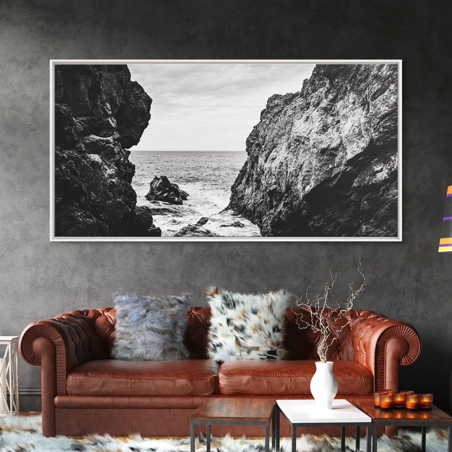 Rocky Coast View, Ocean Cliffs Art, Coastal Wilderness, Monochrome Seascape, Canvas Print, Bathroom Wall Art, Rustic Minimalist Style