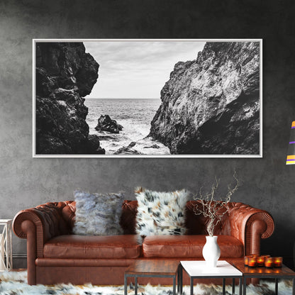Rocky Coast View, Ocean Cliffs Art, Coastal Wilderness, Monochrome Seascape, Canvas Print, Bathroom Wall Art, Rustic Minimalist Style