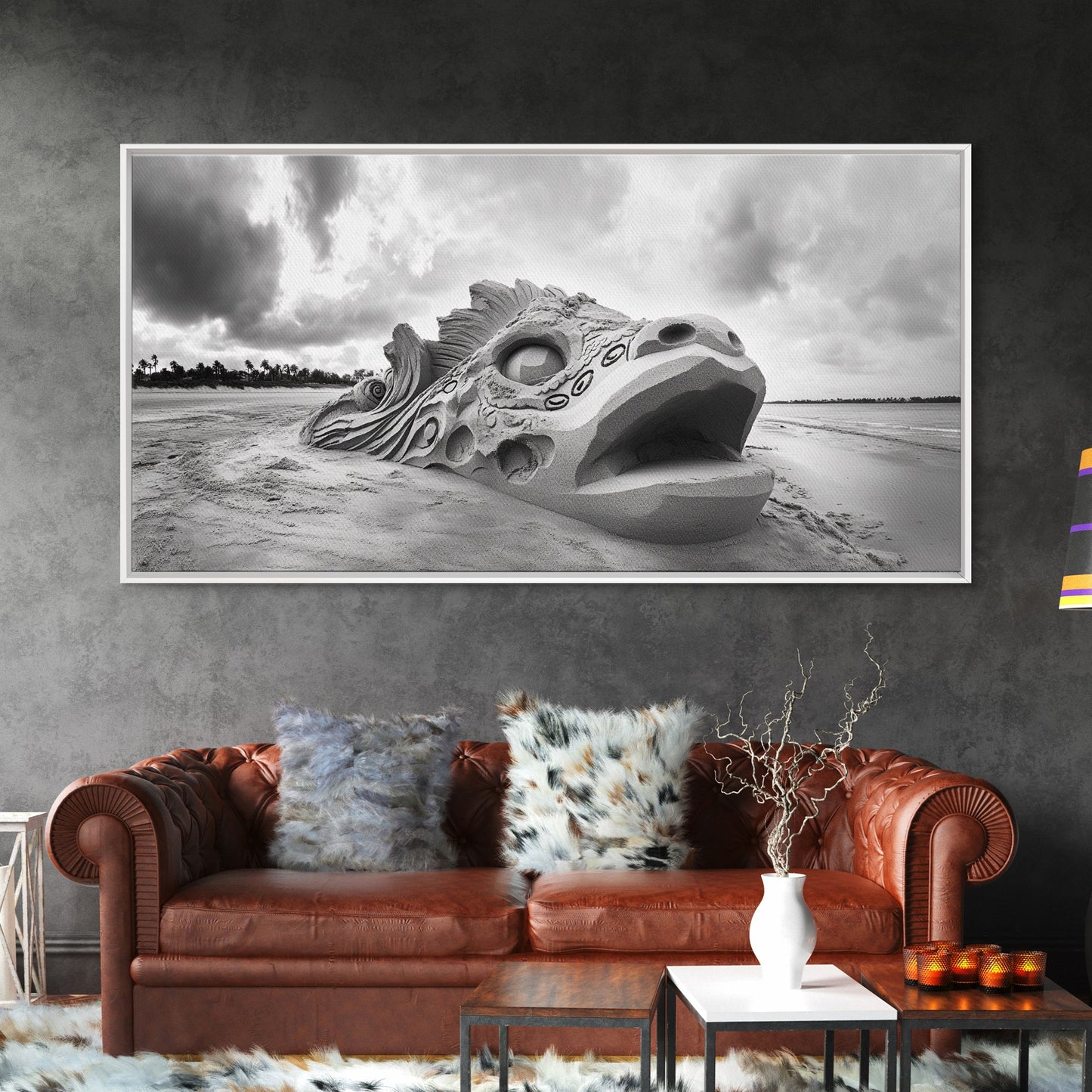 Dragon Head Sculpture, Beach Sand Art, Mythical Creature Decor, Fantasy Vibes, Framed Canvas Print, Game Room Wall Art, Office Wall Art