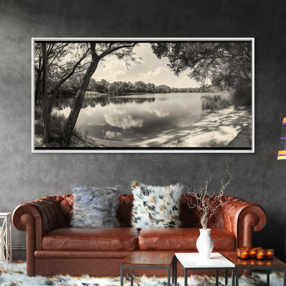 Tranquil Lake View, Peaceful Reflection Water, Nature Shoreline Print, Canvas Print, Entryway Wall Art, Rustic Neutral Decor, Rustic Bedroom Print