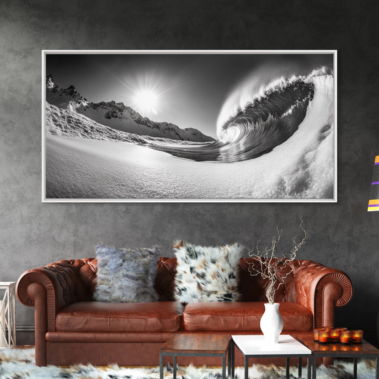Arctic Wave Motion, Snowy Surf Curl, Mountain Sun Scene, Nature Energy Art, Canvas Print, Living Room Wall Art, Winter Adventure Decor