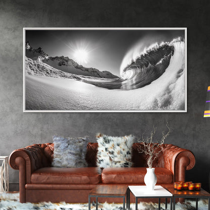 Arctic Wave Motion, Snowy Surf Curl, Mountain Sun Scene, Nature Energy Art, Canvas Print, Living Room Wall Art, Winter Adventure Decor