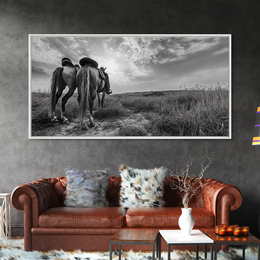 Grazing Horses, Cowboy Duo, Open Field, Equestrian Love Scene, Canvas Print, Western Wall Art, Rustic Ranch Living Room Decor