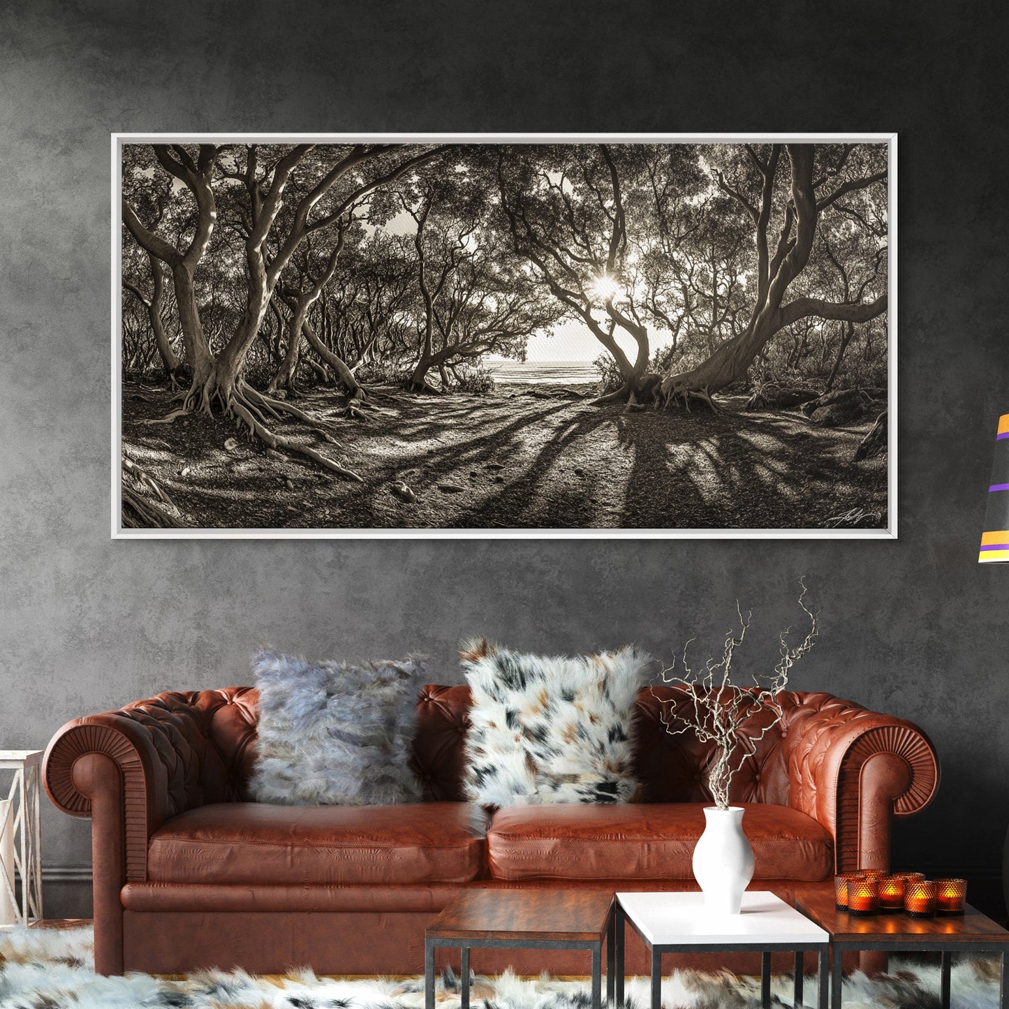 Verzauberter Wald – Licht, Baumschatten, Naturlandschaft, gerahmter Leinwanddruck, rustikale Wandkunst, Walddeko für den Eingangsbereich, Boho-Walddruck