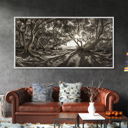 Verzauberter Wald – Licht, Baumschatten, Naturlandschaft, gerahmter Leinwanddruck, rustikale Wandkunst, Walddeko für den Eingangsbereich, Boho-Walddruck