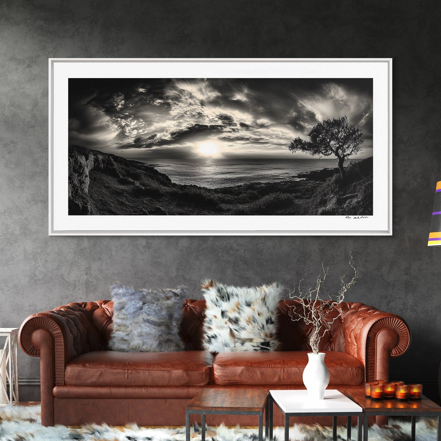 Dramatischer Sonnenuntergang über dem Meer, Küstenbaum, monochrome Landschaft, Leinwanddruck, Wandbild fürs Wohnzimmer, surreale Naturansicht, Meeresblick-Druck