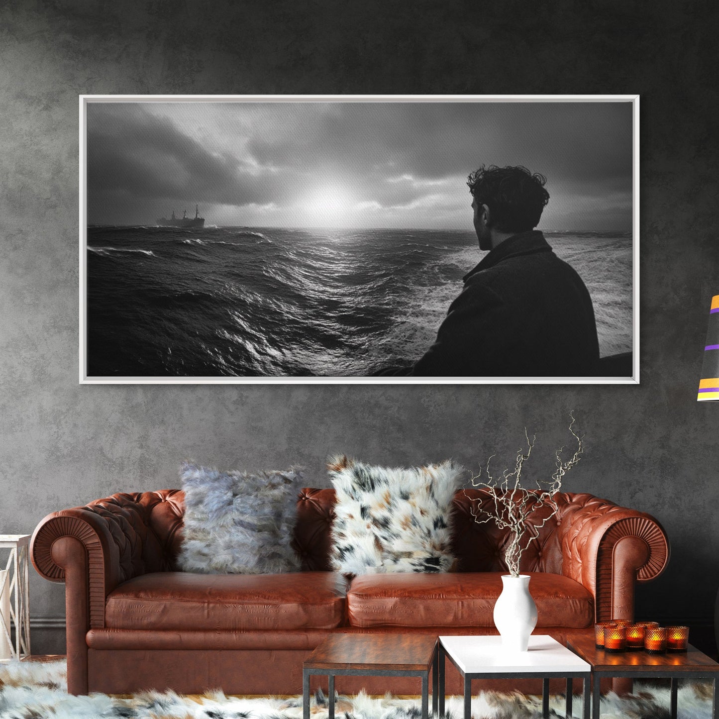 Mann beobachtet Meer, stürmischer Ozeanblick, emotionale Szene, Leinwanddruck, stimmungsvolle Küstendekoration, Wandbild fürs Büro, maritimer Monochrom-Stil