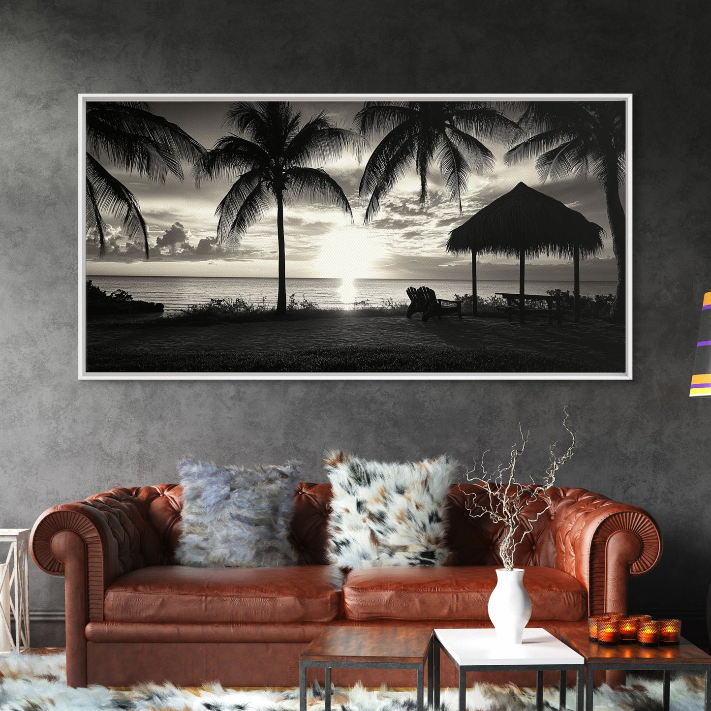 Palm Trees, Beach Sunset, Ocean View, Tiki Hut, Framed Canvas Print, tropical wall art, beach house decor, living room boho art