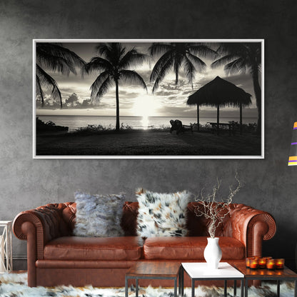 Palm Trees, Beach Sunset, Ocean View, Tiki Hut, Framed Canvas Print, tropical wall art, beach house decor, living room boho art