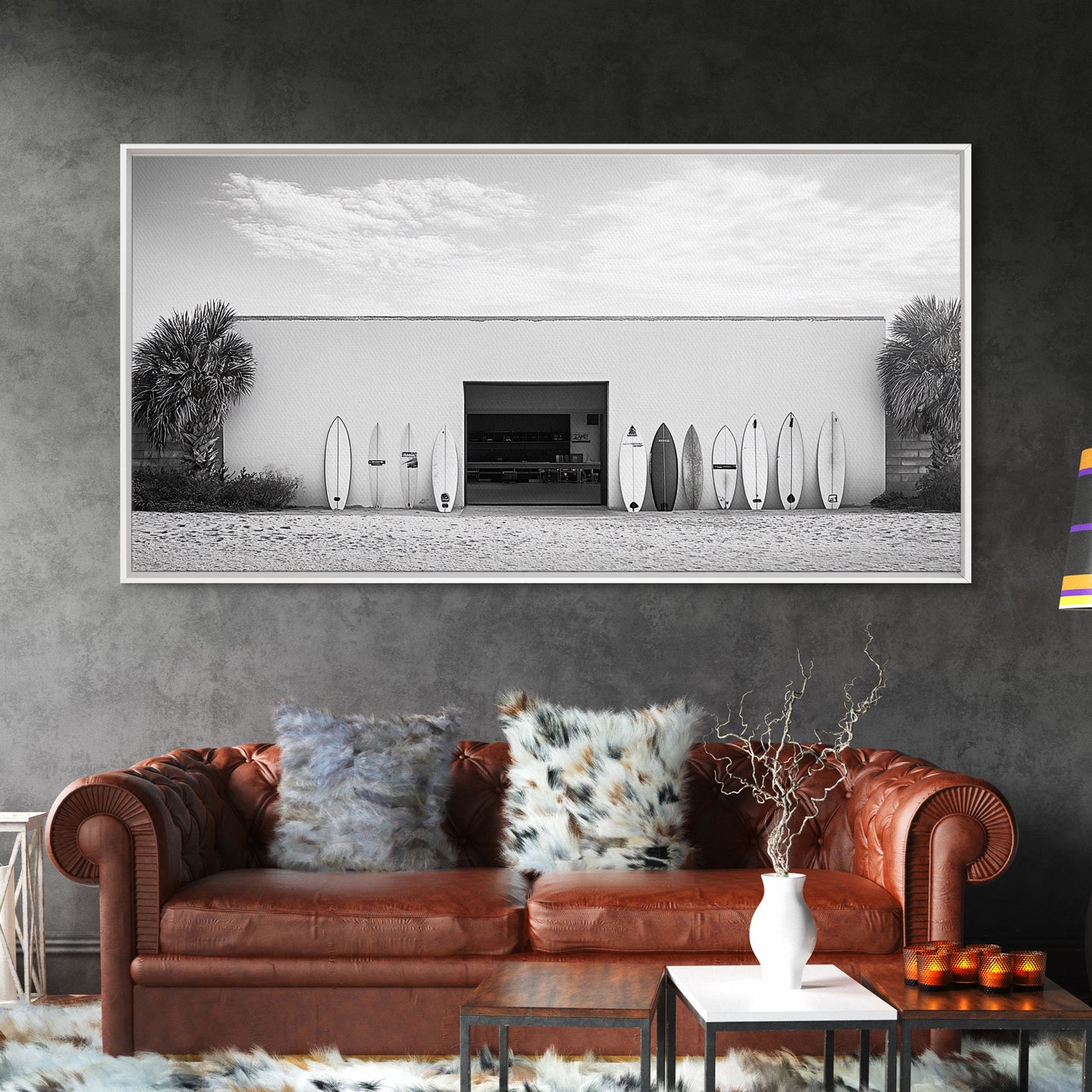 Surfboards, Beach Garage, Modern Coastal, Ocean Style, Framed Canvas Print, surf shack decor, teen room wall art, minimalist beach art