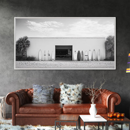 Surfboards, Beach Garage, Modern Coastal, Ocean Style, Framed Canvas Print, surf shack decor, teen room wall art, minimalist beach art