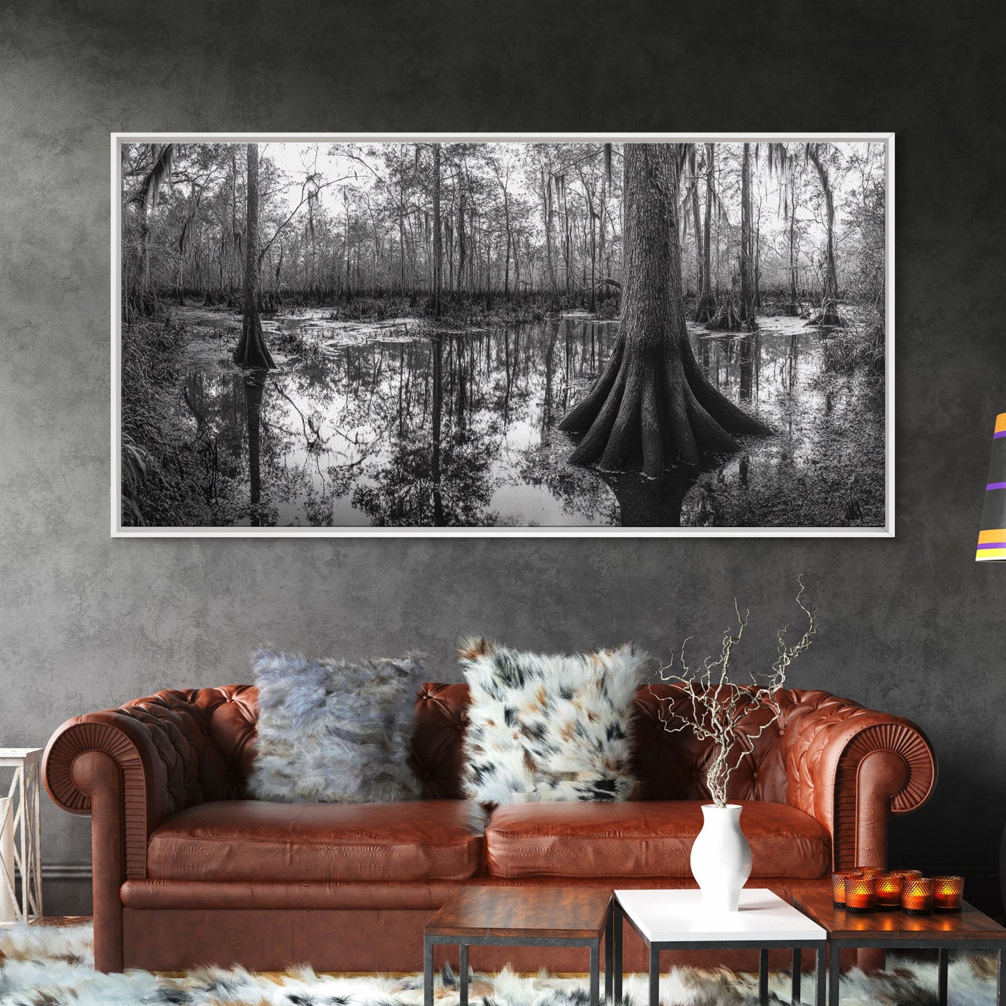 Sumpfbäume, Zypressenwasser, Naturspiegelungen, Marschlandschaft, gerahmter Leinwanddruck, rustikale Hüttendekoration, Wandbild für den Flur, Waldmotiv