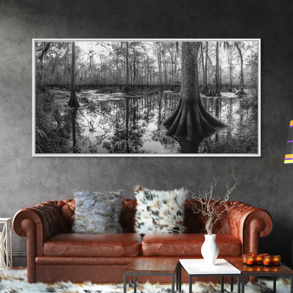 Sumpfbäume, Zypressenwasser, Naturspiegelungen, Marschlandschaft, gerahmter Leinwanddruck, rustikale Hüttendekoration, Wandbild für den Flur, Waldmotiv