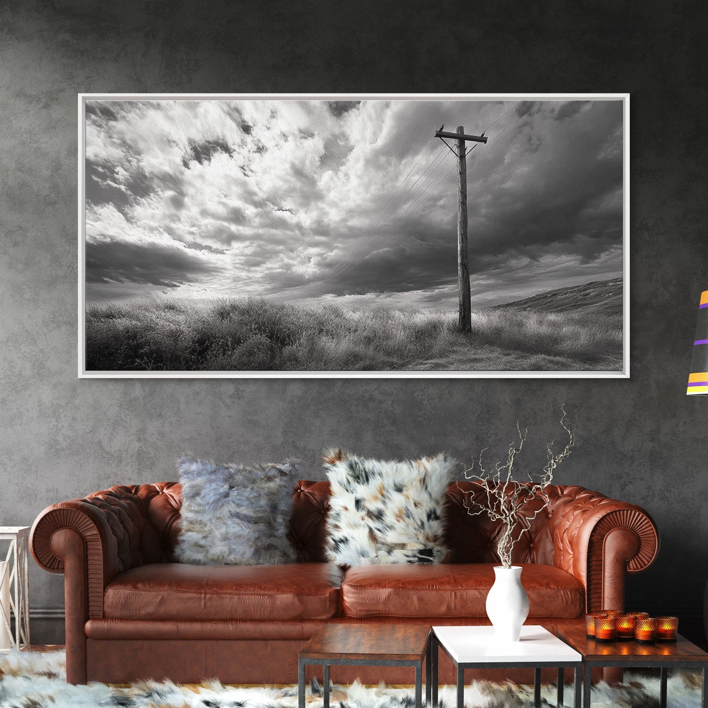 Strommast, ländliche Landschaft, stürmischer Himmel, ländliche Ruhe, gerahmter Leinwanddruck, Wandbild für den Eingangsbereich eines Bauernhauses, rustikaler Schwarz-Weiß-Druck