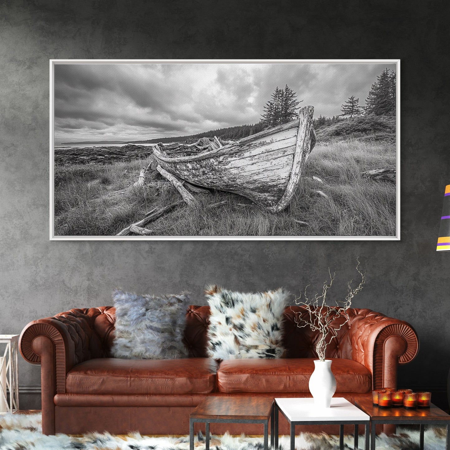 Abandoned Boat, Weathered Vessel, Coastal Forest, Framed Canvas Print, Farmhouse Wall Art, Rustic Cabin Decor, Autumn Vibe, Living Room Art