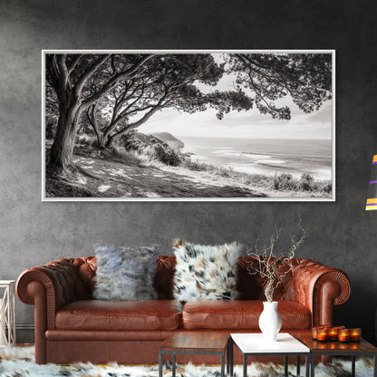 Ocean View, Coastal Trees, Cliffside Vista, Light and Shadows, Framed Canvas Print, landscape wall art, modern beach decor, boho living room