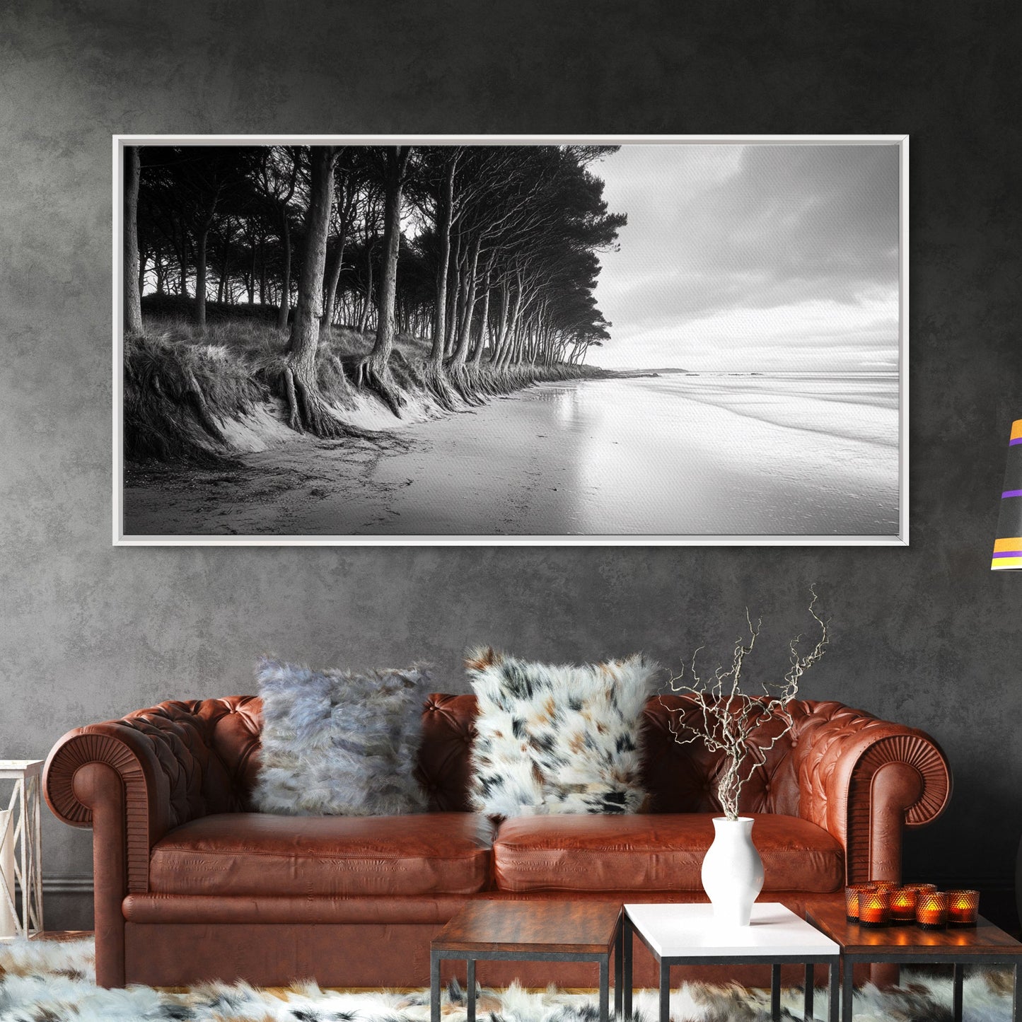 Kiefern, Sandstrand, Küstenidylle, Treibholzstrand, gerahmter Leinwanddruck, neutrale Wandkunst, rustikaler Küstenstil, Eingangsbereich-Landschaft