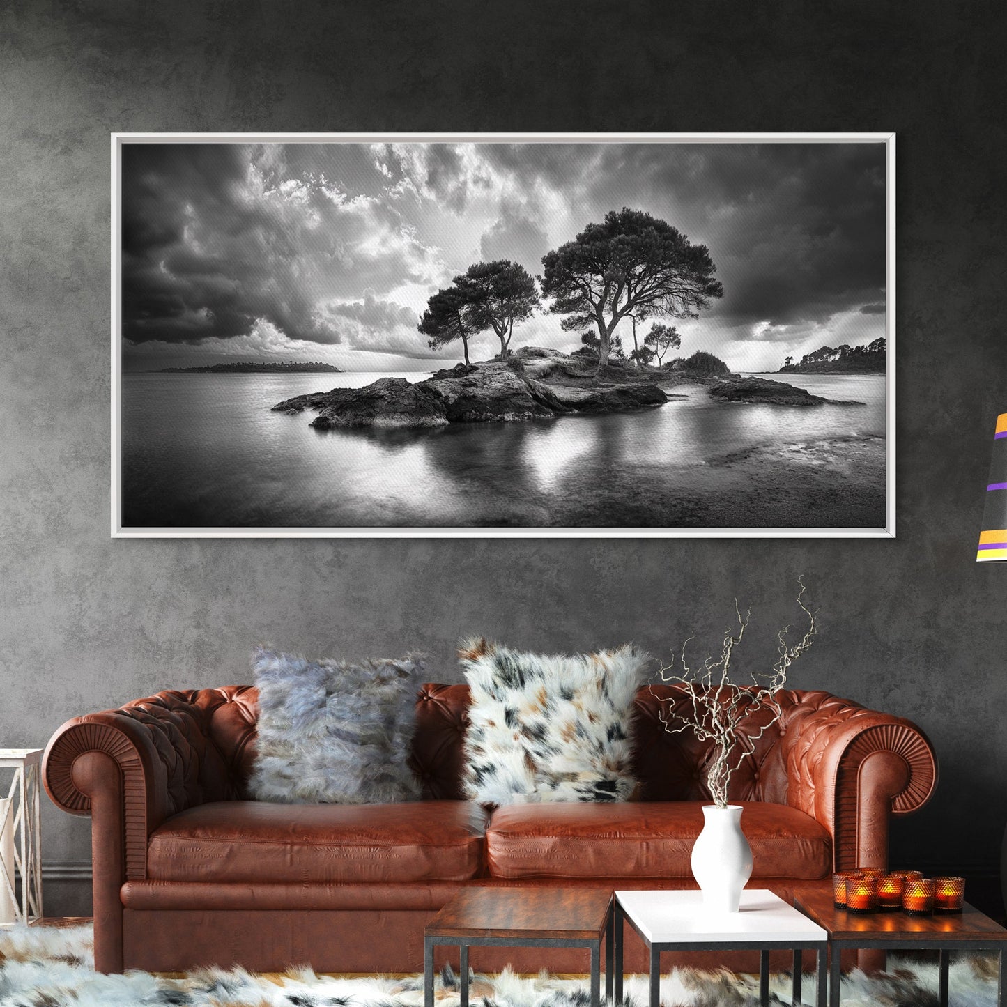 Island Pines, Rocky Shoreline, Peaceful Water, Stormy Sky, Framed Canvas Print, coastal art, rustic nature wall art, neutral living room decor