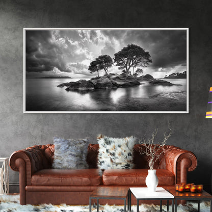 Island Pines, Rocky Shoreline, Peaceful Water, Stormy Sky, Framed Canvas Print, coastal art, rustic nature wall art, neutral living room decor